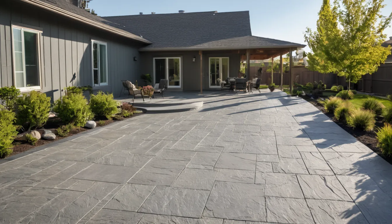 Stamped concrete patio with a slate pattern behind a ranch home in the Overland Park area